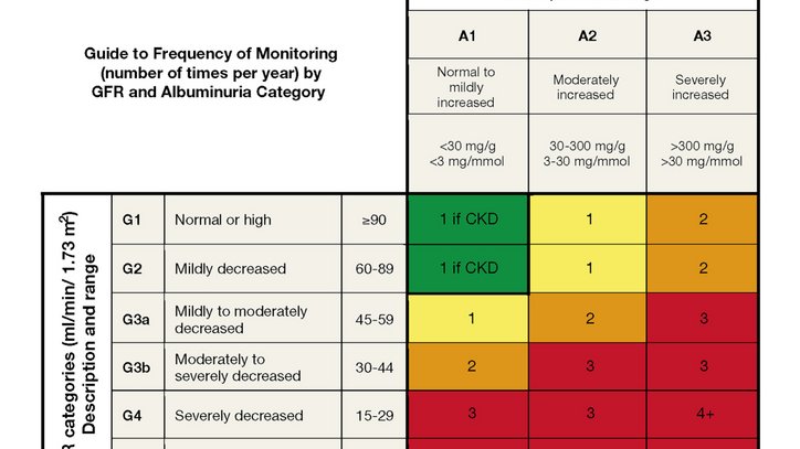 Tabela sa podacima o GFR i albuminuriji koja prikazuje rizik napredovanja pomoću intenziteta boja 